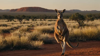 Foto auf Acrylglas Antireflex A cute kangaroo mid jump in mid air against a backdrop of an outback landscape and showcasing the powerful grace of its movement © mdaktaruzzaman