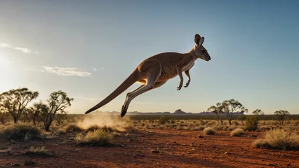 Muurstickers A cute kangaroo mid jump in mid air against a backdrop of an outback landscape and showcasing the powerful grace of its movement © mdaktaruzzaman