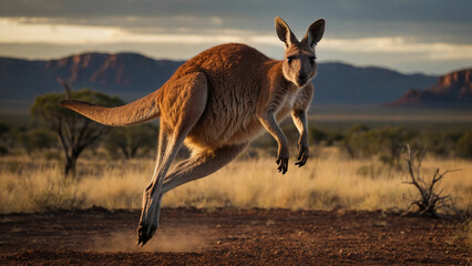 A cute kangaroo mid jump in mid air against a backdrop of an outback landscape and showcasing the...