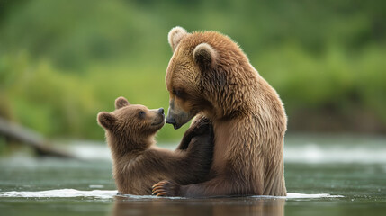 Mother Bear takes care of her cub in the river with the forest in the blurry background