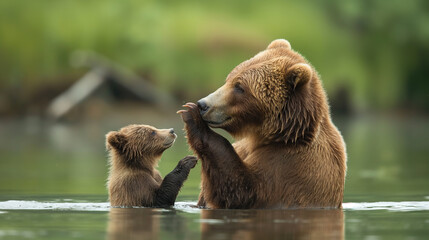 Mother Bear takes care of her cub in the river with the forest in the blurry background