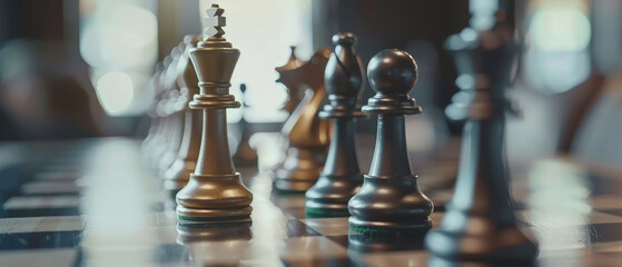 A strategic chess game in progress, with pieces outlined by soft lighting.