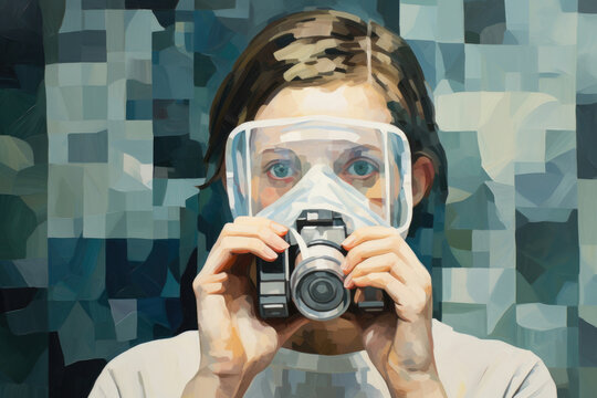 Cubist-inspired painting of a person with clear safety goggles holding a camera, eyes focused through the lens, amidst a mosaic of blue hues.