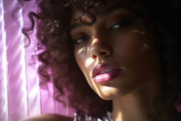 Curly-haired woman with captivating gaze, bathed in purple light, exudes confidence and allure.