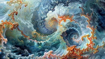 Afwasbaar Fotobehang Fractale golven Fractal Wave Dreamscape: Painting of a wave with intricate fractal patterns, creating a dreamlike atmosphere.