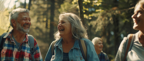 Joyful senior hikers sharing laughs in a sunlit forest, surrounded by nature.