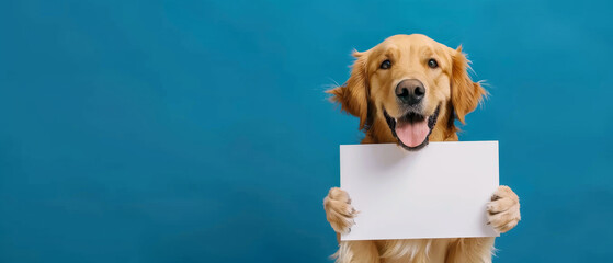 Enthusiastic golden retriever holding a blank sign in mouth, tongue out, on blue background.