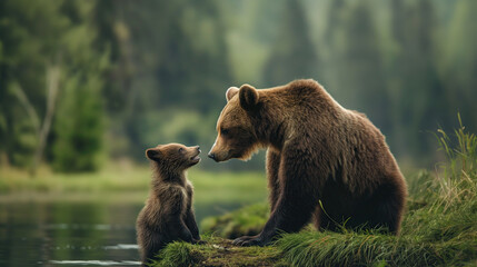 Mother bear is playing with her cub on the riverbank, wild animal wallpaper