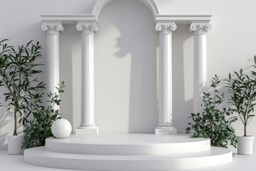Beautiful white empty podium with space for product with white domes on the sides and green plants, front view

