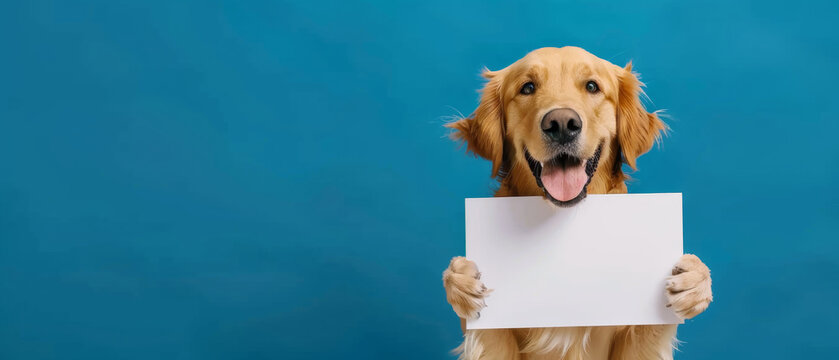Enthusiastic golden retriever holding a blank sign in mouth, tongue out, on blue background.