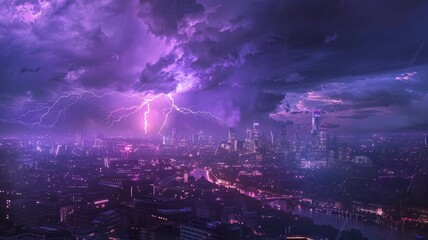 Lightning storm above the city with purple light There is fear. - Powered by Adobe