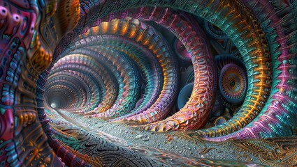 Mandelbulb Fractal Tunnel: Tunnel composed of colorful and intricate Mandelbulb fractals. - obrazy, fototapety, plakaty