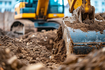 Excavator digging trench or earth at construction site, focus on metal excavator bucket scooping up earth
