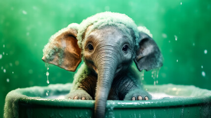 A playful baby elephant splashes joyfully in a bubbly bath