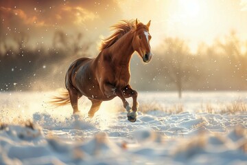horse running in snow - obrazy, fototapety, plakaty