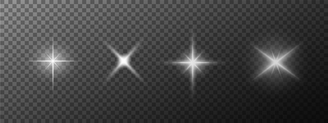 A realistic vector illustration of various light effects on a black background, including sparkling stars and flickering and flashing lights.Collection of different light effects PNG