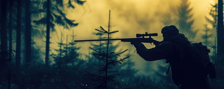 Hunter in holding rifle and shooting at evening forest.