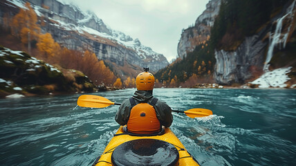 Close-up of whitewater kayaking down a river in the mountains, beautiful landscape, extreme sport - obrazy, fototapety, plakaty