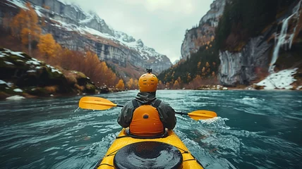 Foto op Plexiglas Close-up of whitewater kayaking down a river in the mountains, beautiful landscape, extreme sport © Loucine