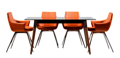 Modern dining set with orange chairs and black table, cut out