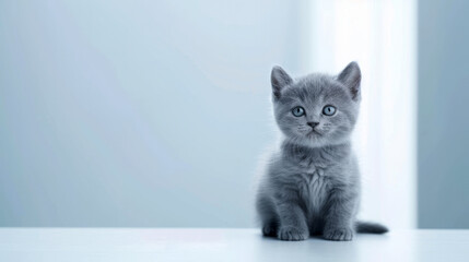 A beautiful little British breed kitten sitting on a light blue empty background with space for text or inscriptions

