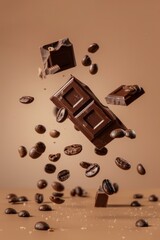 Chocolate and coffee beans falling down, advertising concept, brown tones