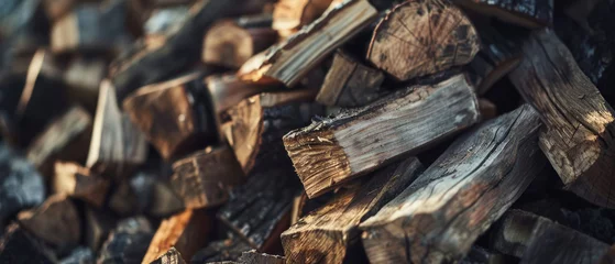 Zelfklevend Fotobehang A pile of chopped firewood bathed in soft sunlight. © Ai Studio
