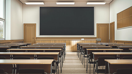 Empty Classroom with Blackboard and Desks