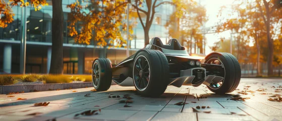 Fotobehang Sleek futuristic racecar on an urban autumn path. © Ai Studio