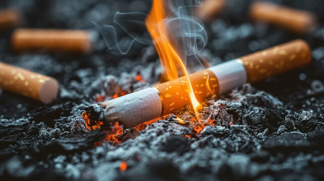 Close up of burning cigarettes and ashes, no smoking day concept, anti smoking image.