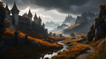 Poster Medieval fantasy landscape with dark atmosphere © Hagi
