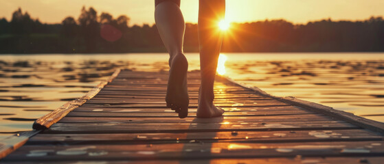 Barefoot walk along a sunset-kissed wooden pier, evoking inner peace.
