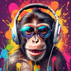 dj monkey in headphones - obrazy, fototapety, plakaty