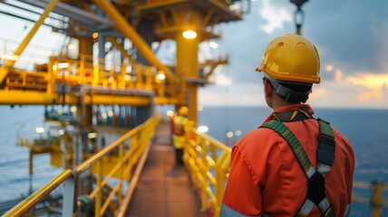 Technician offshore while working on an oil and gas rig.