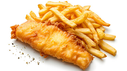 Fish and chips with french fries isolated on white background. generative ai