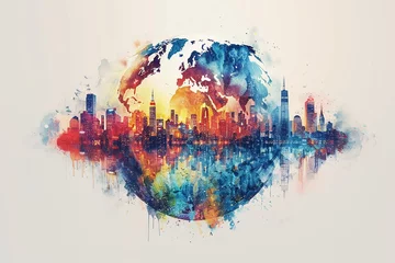 Fotobehang An abstract artistic illustration of a globe with North America in focus, showcasing its landmarks and geography in a captivating and evocative style © Silvana