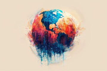 An abstract artistic illustration of a globe with North America in focus, showcasing its landmarks and geography in a captivating and evocative style