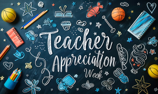 Teacher Appreciation Week artfully celebrated with vibrant hand-drawn educational icons and colorful calligraphy on a chalkboard background