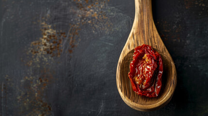 Sundried Tomato on Wooden Spoon over Rustic Background - obrazy, fototapety, plakaty
