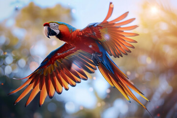 Macaw parrot in flight against the background of a green forest and sky. Exotic birds
