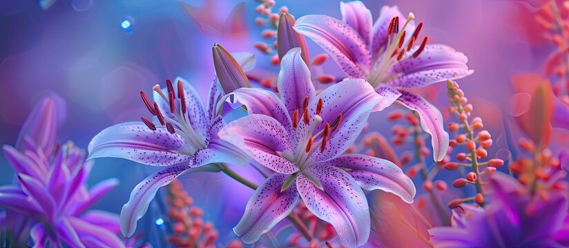A close-up view of a bunch of vibrant purple lily flowers blooming beautifully, showcasing their delicate petals and rich color against a blurred floral background.