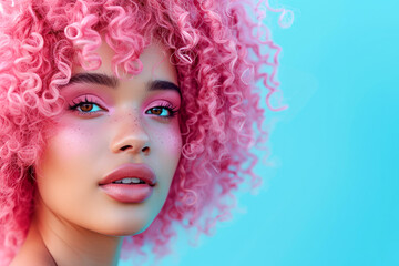 Close portrait of beautiful woman with curly pink hair isolated on empty light blue background with space for text or inscriptions
