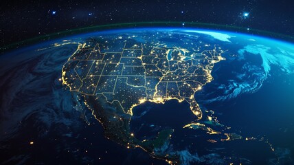 United States and North America from space at night with city lights showing human activity. - obrazy, fototapety, plakaty