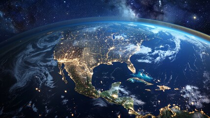 United States and North America from space at night with city lights showing human activity.