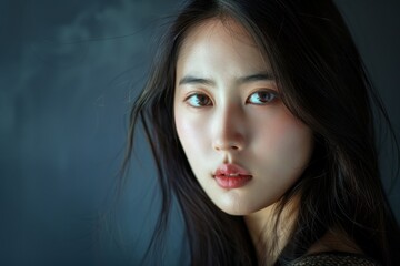 Fototapeta premium Portrait of beautiful korean women with straight hair, in solid studio background