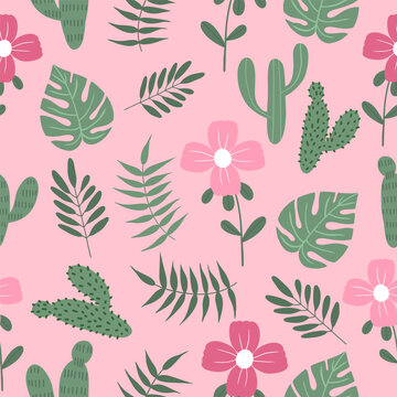 Seamless pattern with tropical leaves, flowers and cactus Hand drawn floral pattern for your fabric, summer background, wallpaper, backdrop, textile. Vector illustration