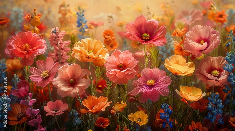 Wall mural Detailed seamless texture photo of multicolored red toned flowers on a meadow, painted brush strokes.