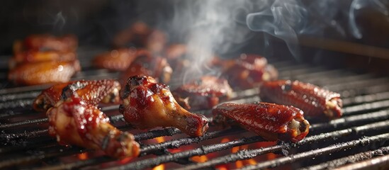 Close-up view of meat cooking on a grill, with smoking hot chicken wings sizzling and charred marks forming on the surface. The meat is being cooked at high heat, creating a mouth-watering aroma.