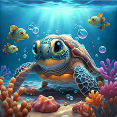 Fototapeta na wymiar super cute, bright color cartoon full body sea turtle, water bubbles in the water, bright and turtle is swimming near fish, generative ai