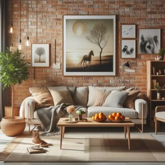 Cozy Modern Living Room with Brick Wall and Stylish Decor
